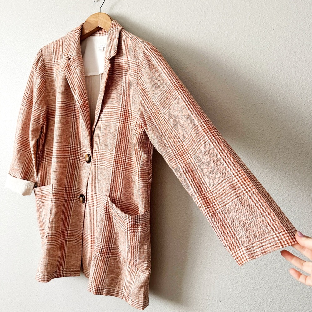 J. Jill Harper Henna Plaid Plaid Linen Cotton Oversize Blazer Jacket Size Medium - Picture 3 of 12
